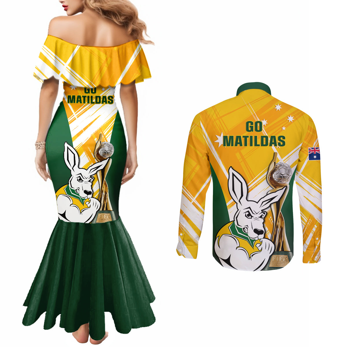 australia-soccer-couples-matching-mermaid-dress-and-long-sleeve-button-shirts-matildas-kangaroo-with-world-cup-trophy-2023-yellow-version