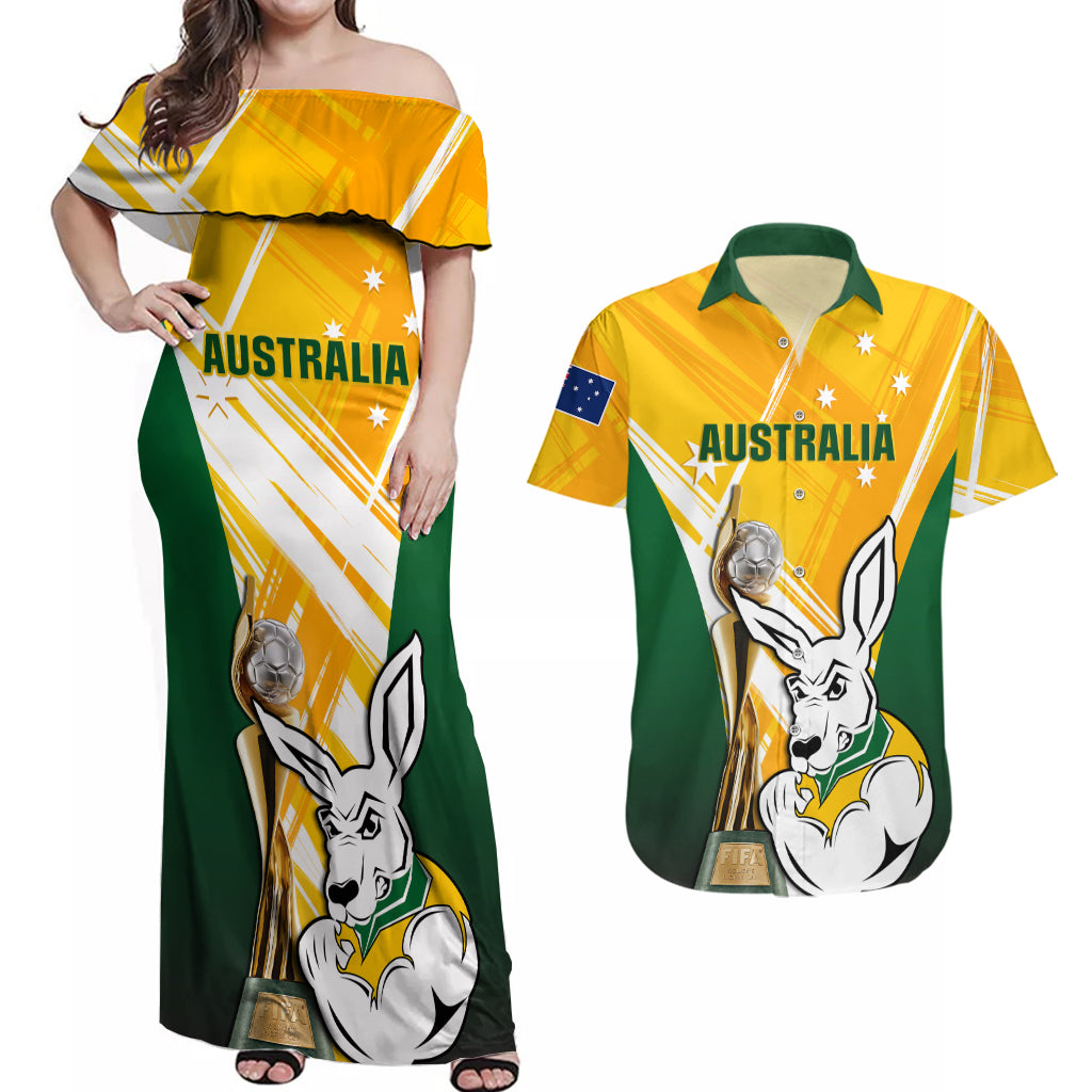 Australia Soccer Couples Matching Off Shoulder Maxi Dress and Hawaiian Shirt Matildas Kangaroo With World Cup Trophy 2023 Yellow Version - Wonder Print Shop