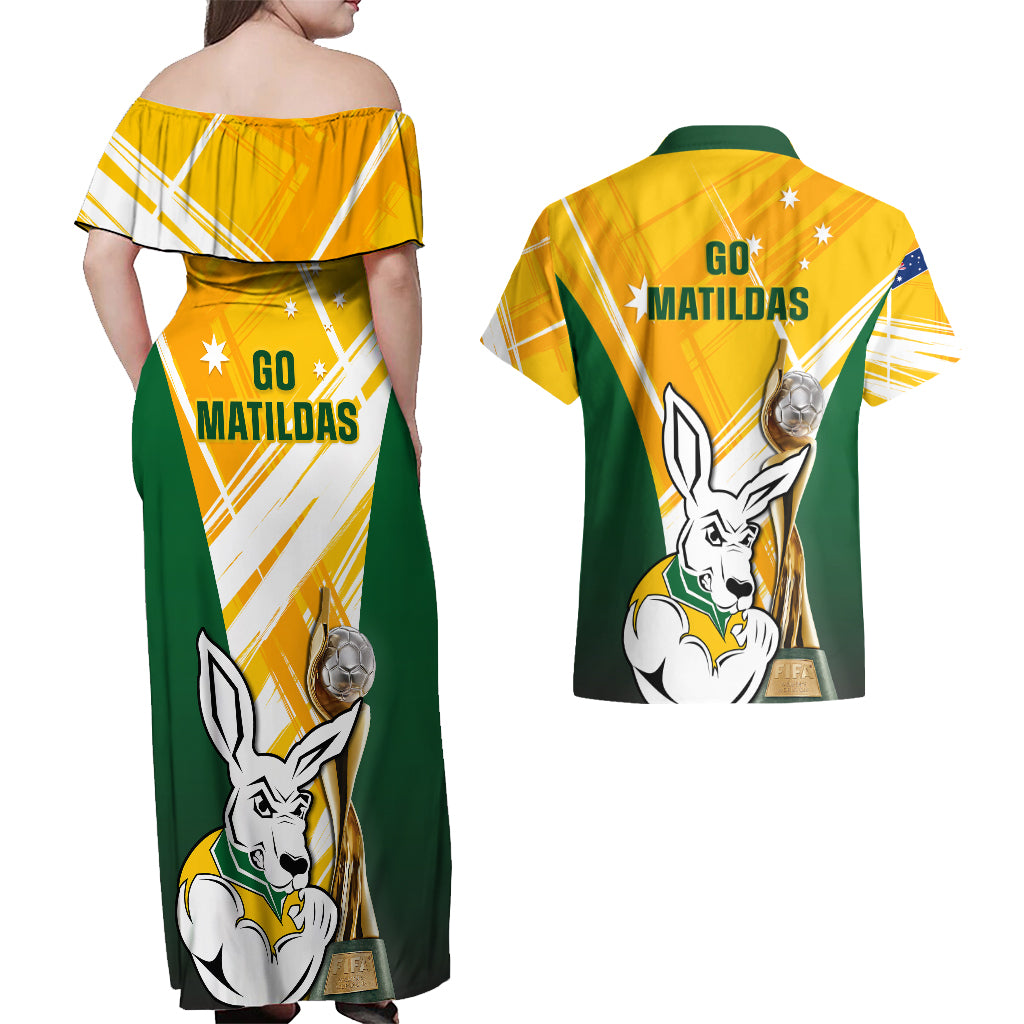 Australia Soccer Couples Matching Off Shoulder Maxi Dress and Hawaiian Shirt Matildas Kangaroo With World Cup Trophy 2023 Yellow Version - Wonder Print Shop