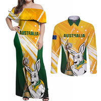 Australia Soccer Couples Matching Off Shoulder Maxi Dress and Long Sleeve Button Shirts Matildas Kangaroo With World Cup Trophy 2023 Yellow Version - Wonder Print Shop