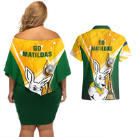Australia Soccer Couples Matching Off Shoulder Short Dress and Hawaiian Shirt Matildas Kangaroo With World Cup Trophy 2023 Yellow Version - Wonder Print Shop
