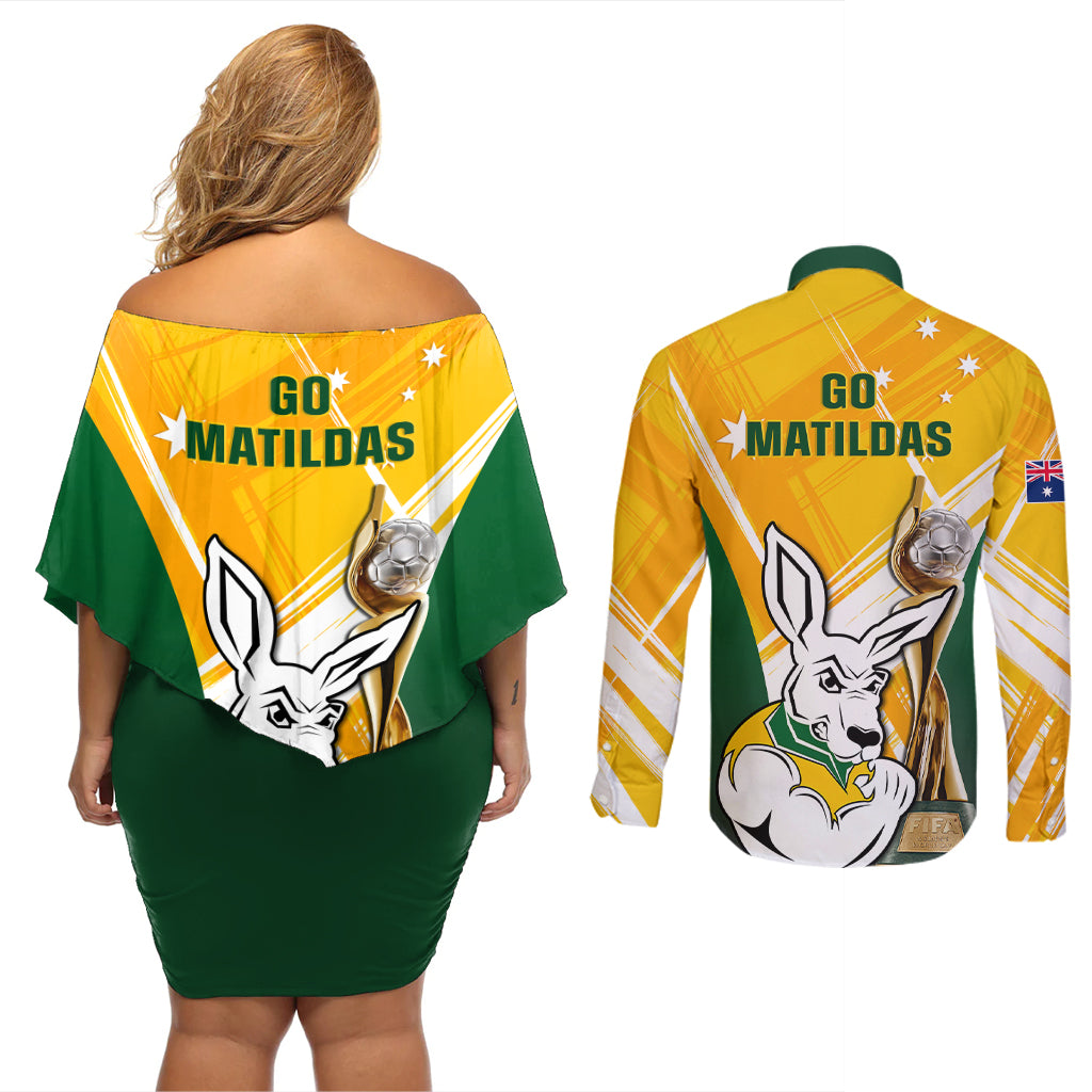 Australia Soccer Couples Matching Off Shoulder Short Dress and Long Sleeve Button Shirts Matildas Kangaroo With World Cup Trophy 2023 Yellow Version - Wonder Print Shop