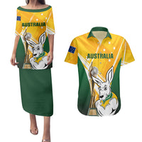 Australia Soccer Couples Matching Puletasi Dress and Hawaiian Shirt Matildas Kangaroo With World Cup Trophy 2023 Yellow Version - Wonder Print Shop