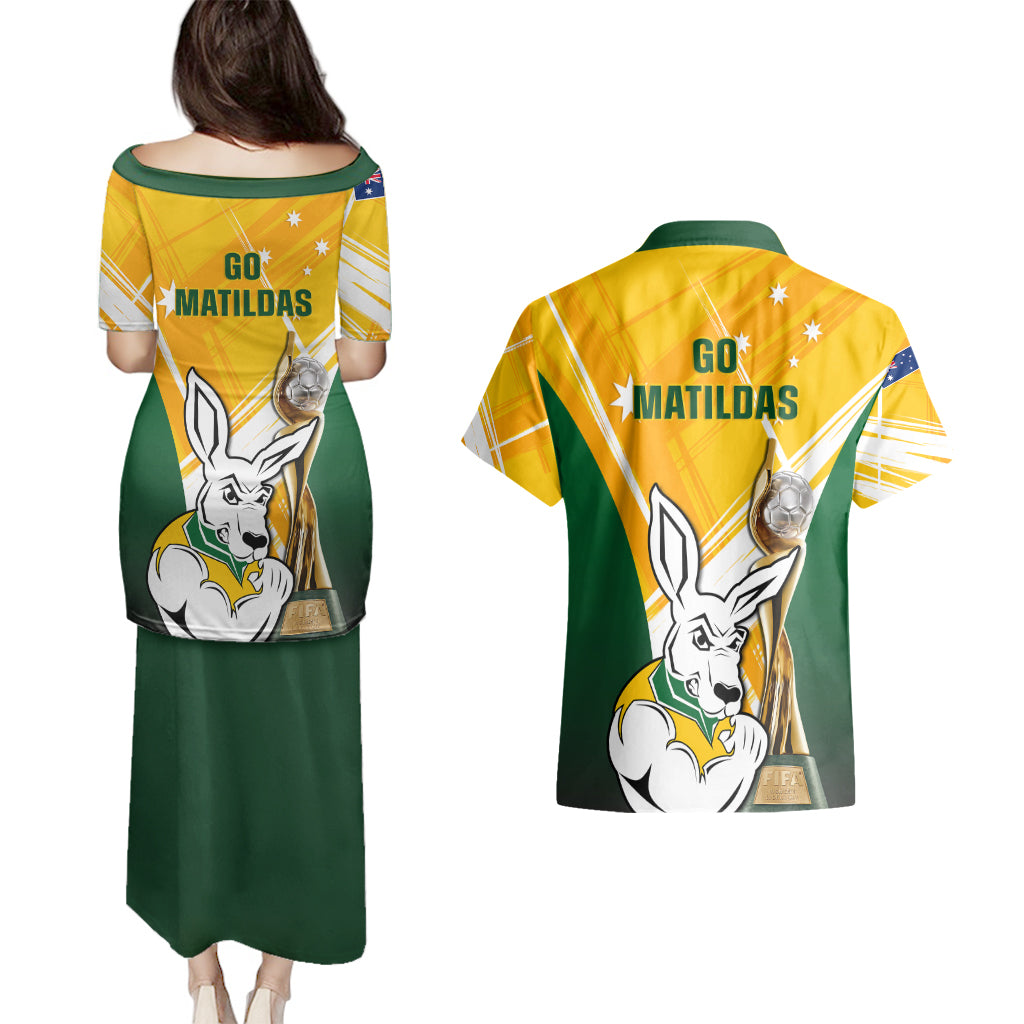 Australia Soccer Couples Matching Puletasi Dress and Hawaiian Shirt Matildas Kangaroo With World Cup Trophy 2023 Yellow Version - Wonder Print Shop