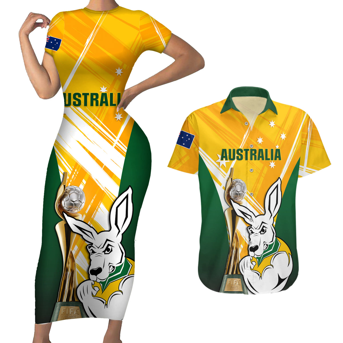 Australia Soccer Couples Matching Short Sleeve Bodycon Dress and Hawaiian Shirt Matildas Kangaroo With World Cup Trophy 2023 Yellow Version - Wonder Print Shop