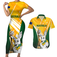 Australia Soccer Couples Matching Short Sleeve Bodycon Dress and Hawaiian Shirt Matildas Kangaroo With World Cup Trophy 2023 Yellow Version - Wonder Print Shop