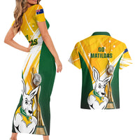 Australia Soccer Couples Matching Short Sleeve Bodycon Dress and Hawaiian Shirt Matildas Kangaroo With World Cup Trophy 2023 Yellow Version - Wonder Print Shop