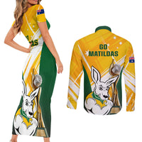 Australia Soccer Couples Matching Short Sleeve Bodycon Dress and Long Sleeve Button Shirts Matildas Kangaroo With World Cup Trophy 2023 Yellow Version - Wonder Print Shop