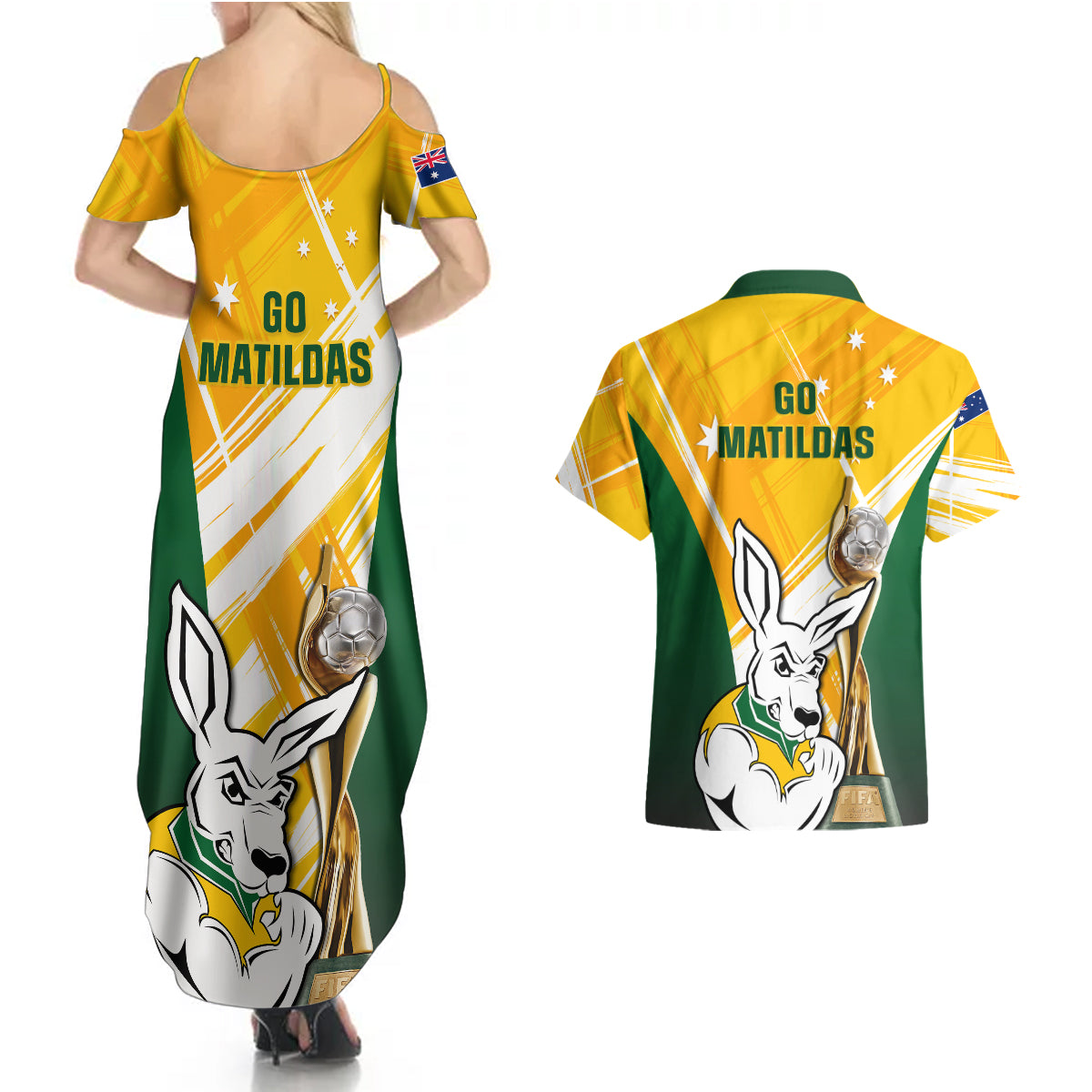 Australia Soccer Couples Matching Summer Maxi Dress and Hawaiian Shirt Matildas Kangaroo With World Cup Trophy 2023 Yellow Version - Wonder Print Shop