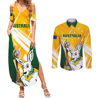 Australia Soccer Couples Matching Summer Maxi Dress and Long Sleeve Button Shirts Matildas Kangaroo With World Cup Trophy 2023 Yellow Version - Wonder Print Shop
