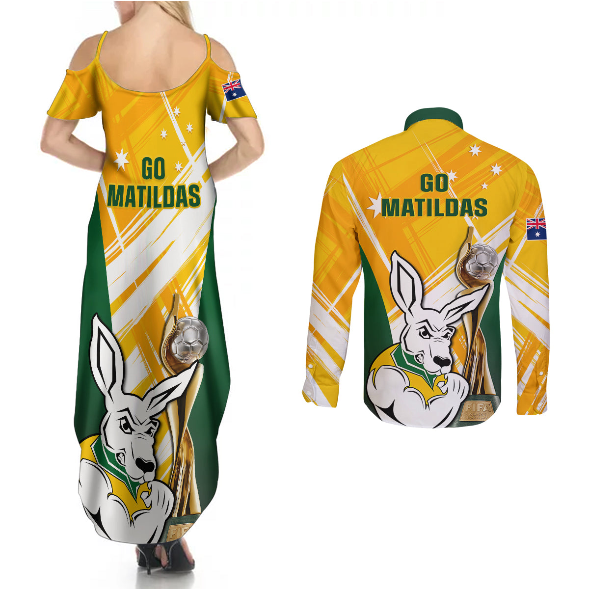 Australia Soccer Couples Matching Summer Maxi Dress and Long Sleeve Button Shirts Matildas Kangaroo With World Cup Trophy 2023 Yellow Version - Wonder Print Shop