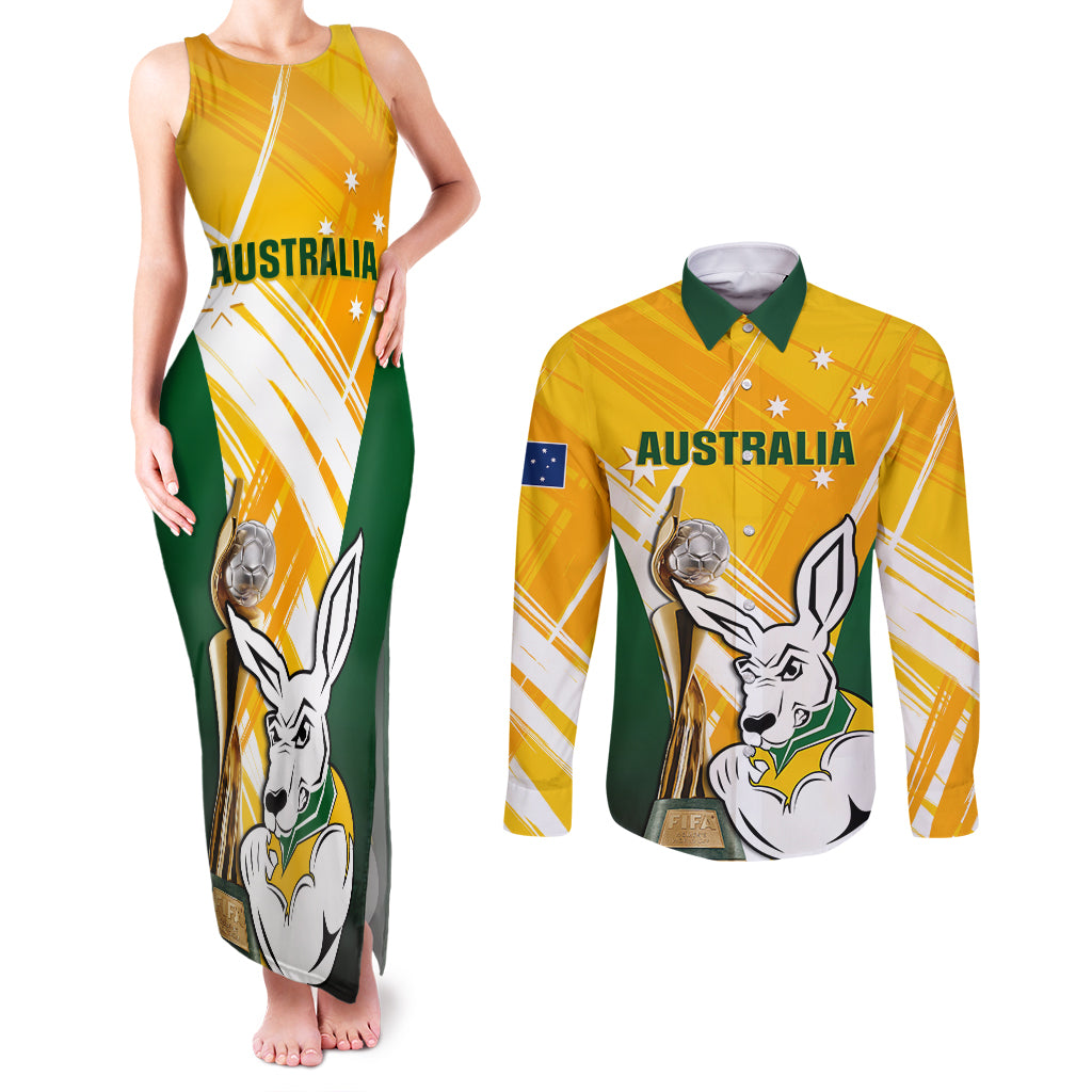 Australia Soccer Couples Matching Tank Maxi Dress and Long Sleeve Button Shirts Matildas Kangaroo With World Cup Trophy 2023 Yellow Version - Wonder Print Shop