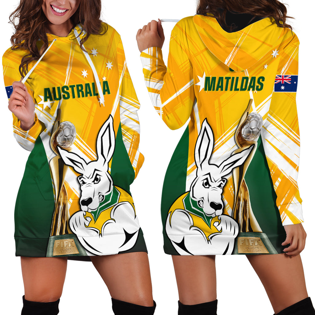 Australia Soccer Hoodie Dress Matildas Kangaroo With World Cup Trophy 2023 Yellow Version - Wonder Print Shop