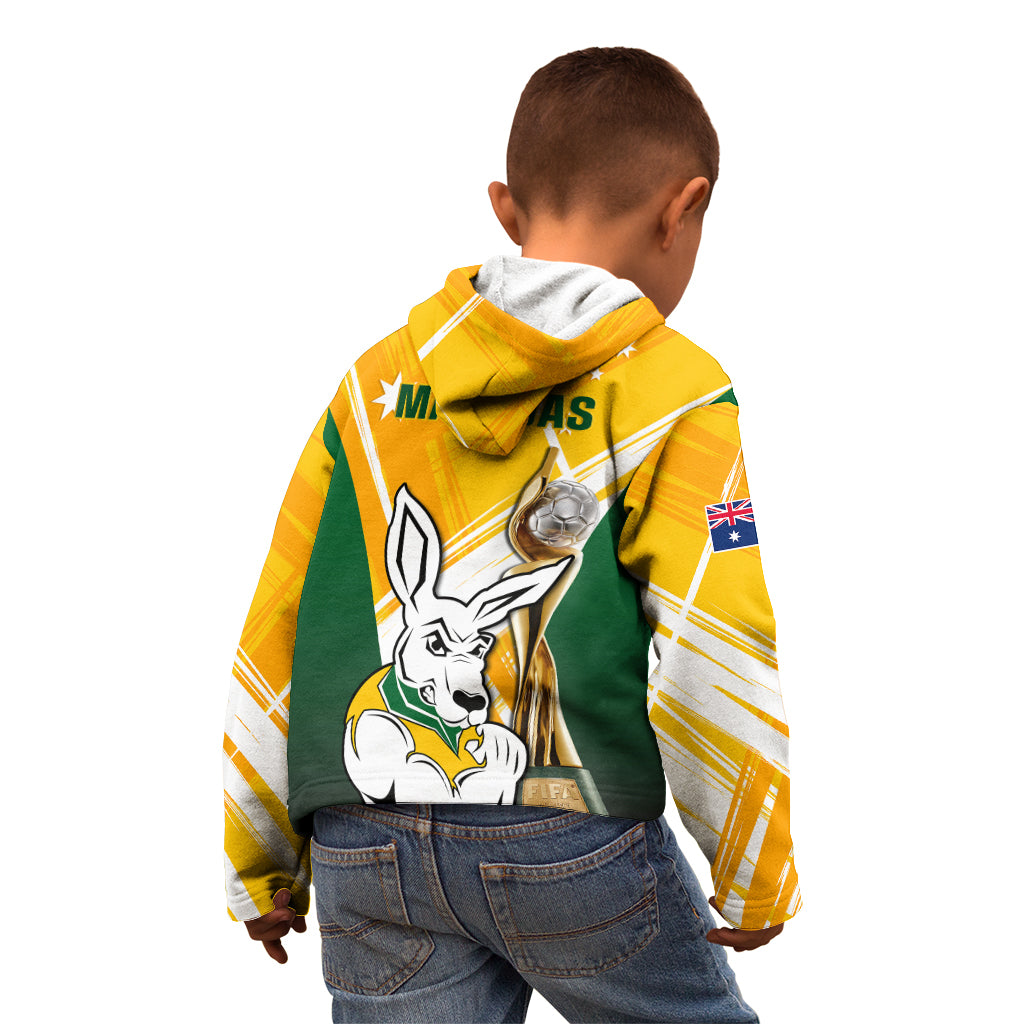 Australia Soccer Kid Hoodie Matildas Kangaroo With World Cup Trophy 2023 Yellow Version - Wonder Print Shop