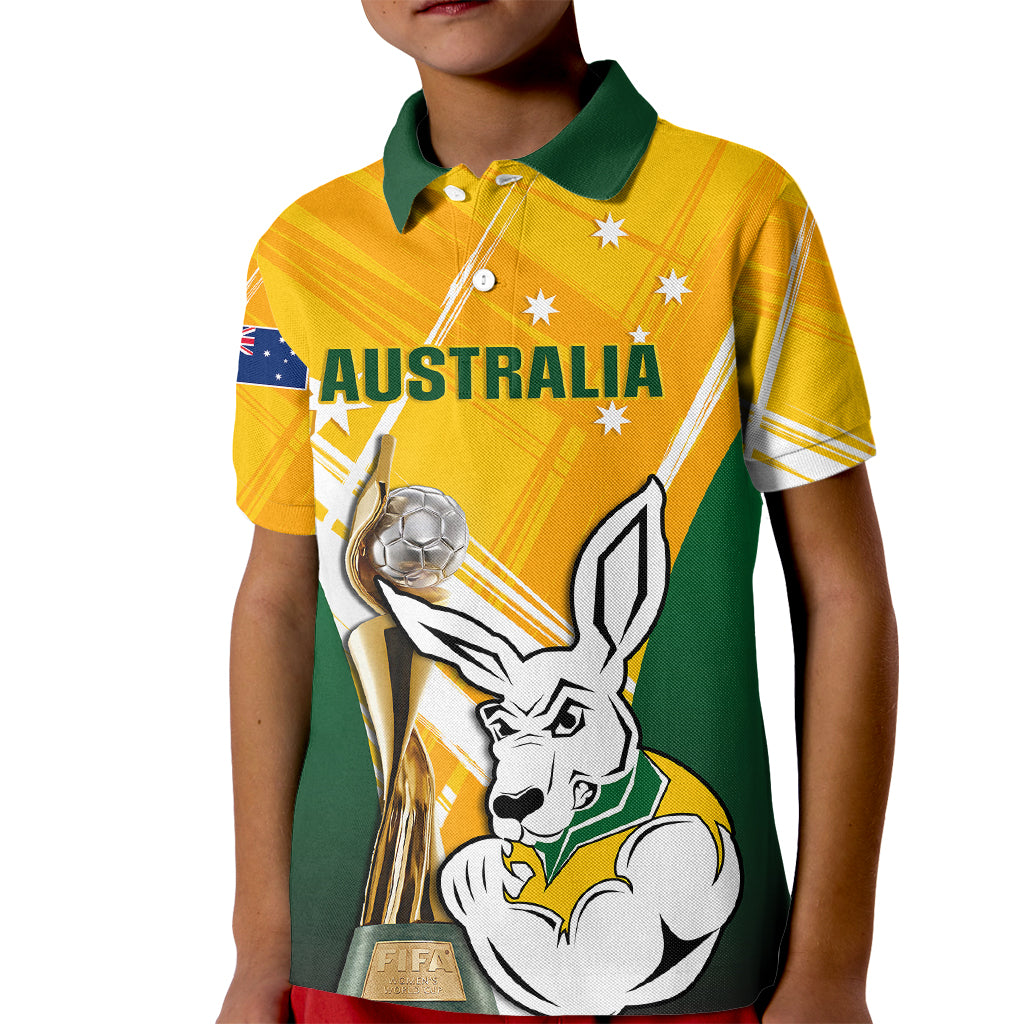 Australia Soccer Kid Polo Shirt Matildas Kangaroo With World Cup Trophy 2023 Yellow Version - Wonder Print Shop
