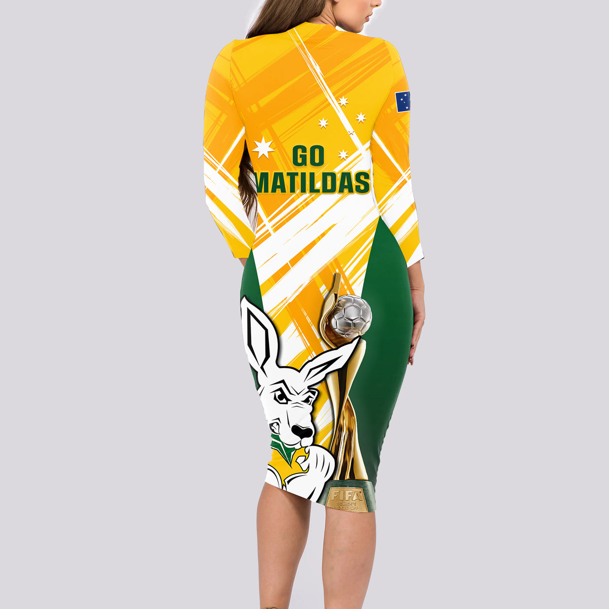 Australia Soccer Long Sleeve Bodycon Dress Matildas Kangaroo With World Cup Trophy 2023 Yellow Version - Wonder Print Shop