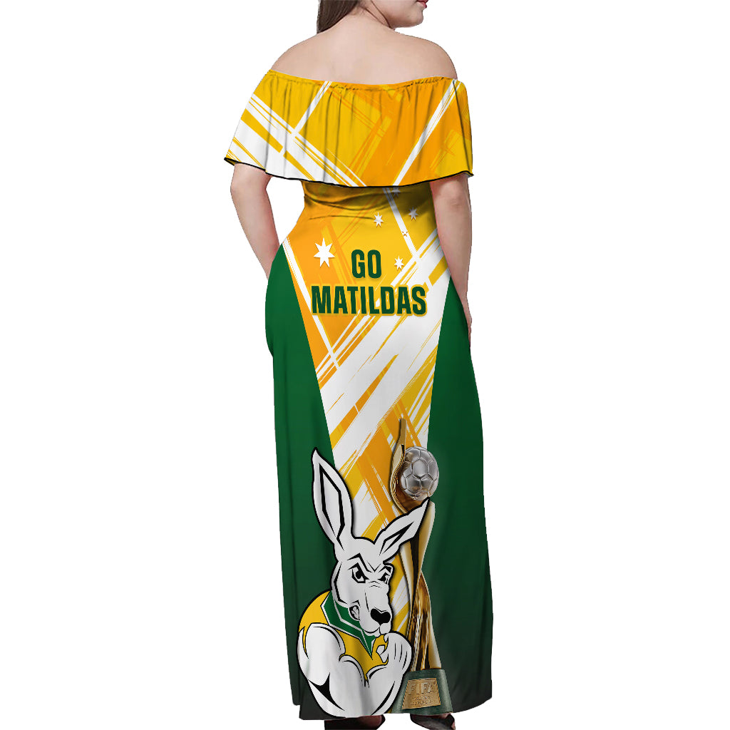 Australia Soccer Off Shoulder Maxi Dress Matildas Kangaroo With World Cup Trophy 2023 Yellow Version - Wonder Print Shop