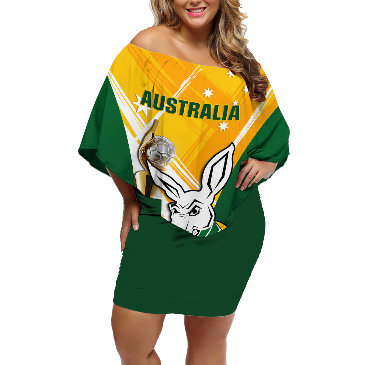 Australia Soccer Off Shoulder Short Dress Matildas Kangaroo With World Cup Trophy 2023 Yellow Version - Wonder Print Shop