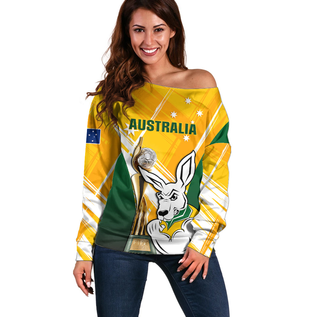 Australia Soccer Off Shoulder Sweater Matildas Kangaroo With World Cup Trophy 2023 Yellow Version - Wonder Print Shop