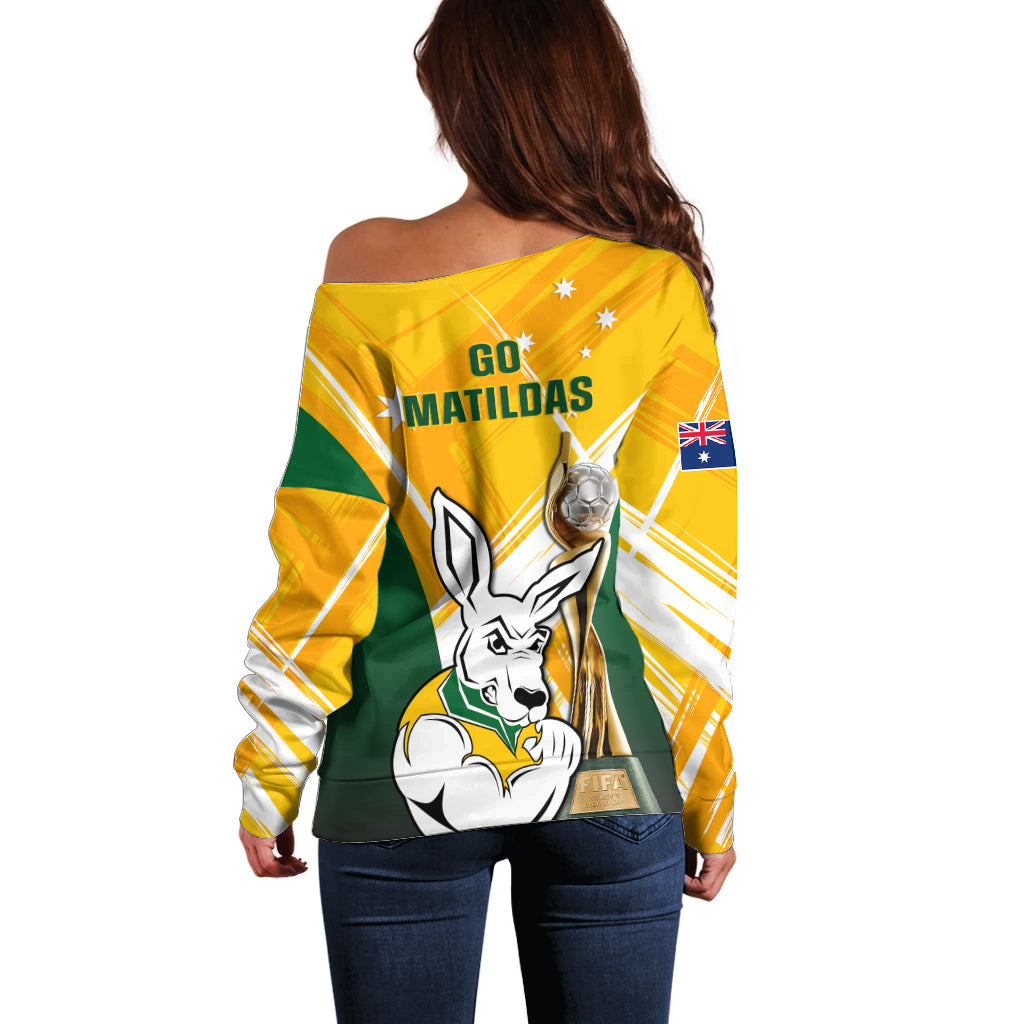 Australia Soccer Off Shoulder Sweater Matildas Kangaroo With World Cup Trophy 2023 Yellow Version - Wonder Print Shop