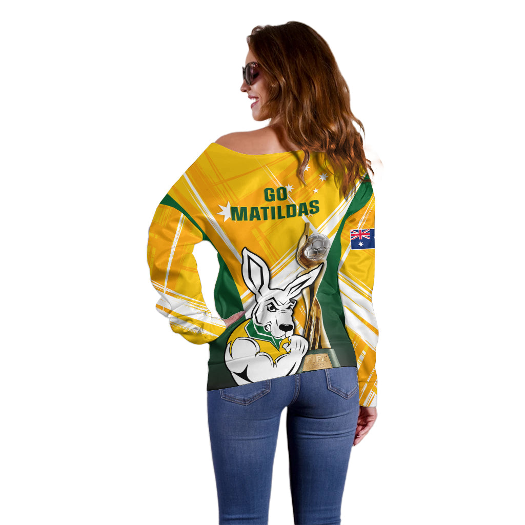 Australia Soccer Off Shoulder Sweater Matildas Kangaroo With World Cup Trophy 2023 Yellow Version - Wonder Print Shop