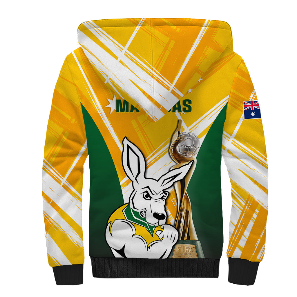 Australia Soccer Sherpa Hoodie Matildas Kangaroo With World Cup Trophy 2023 Yellow Version - Wonder Print Shop