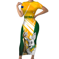 Australia Soccer Short Sleeve Bodycon Dress Matildas Kangaroo With World Cup Trophy 2023 Yellow Version - Wonder Print Shop