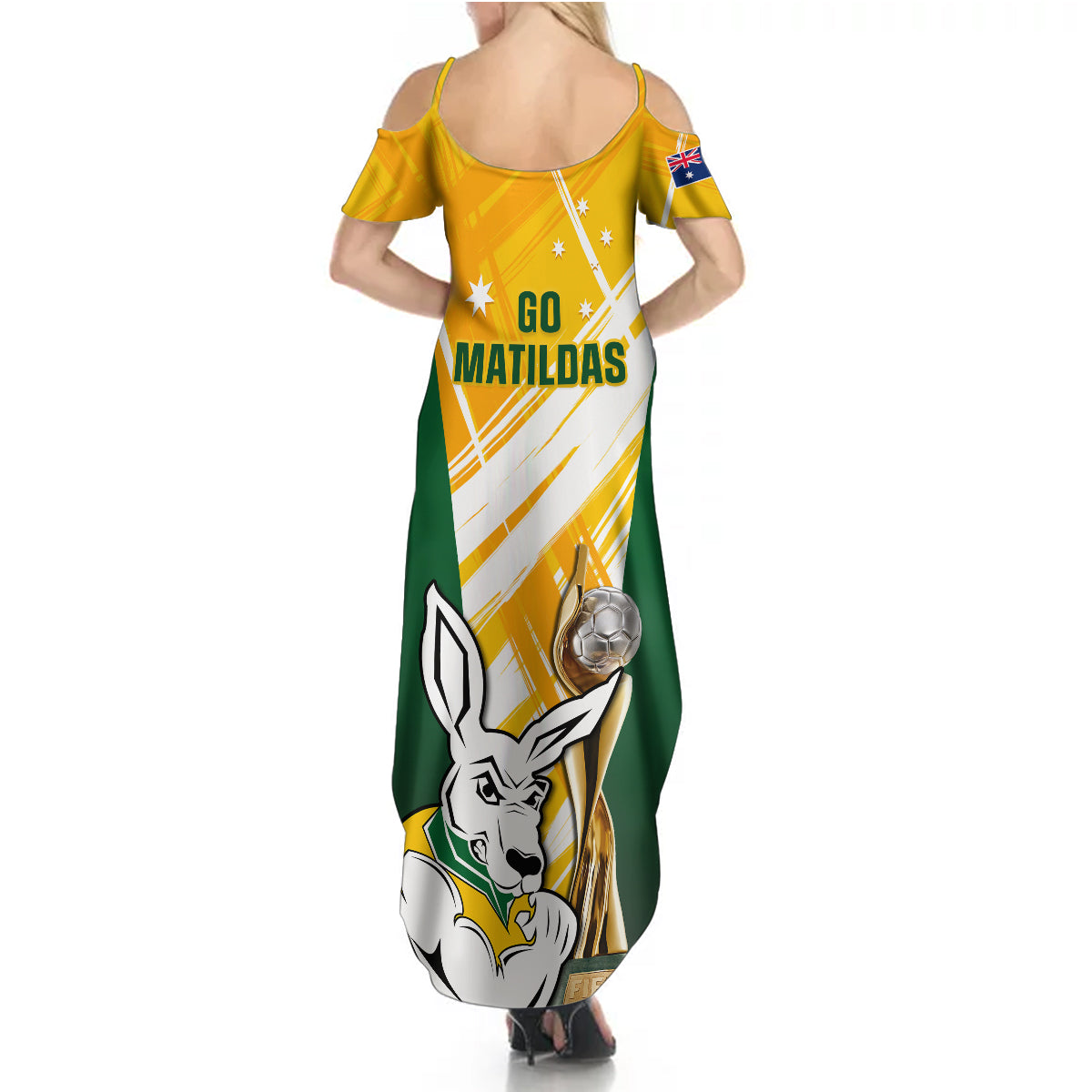 Australia Soccer Summer Maxi Dress Matildas Kangaroo With World Cup Trophy 2023 Yellow Version - Wonder Print Shop