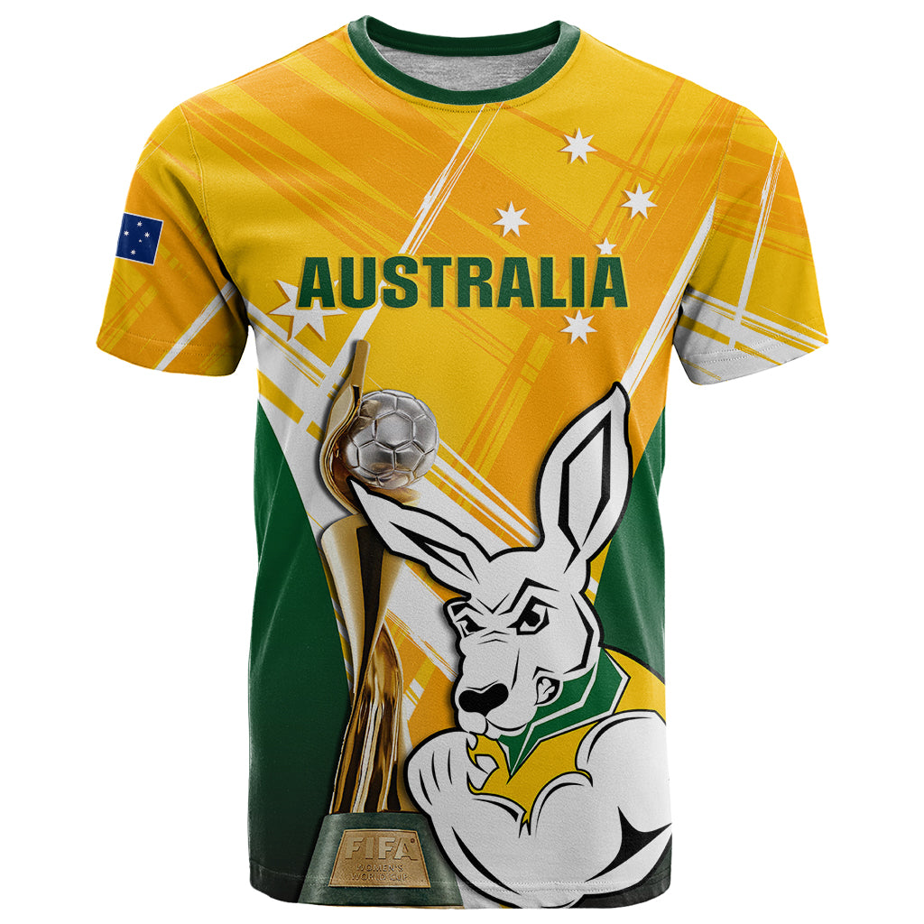 Australia Soccer T Shirt Matildas Kangaroo With World Cup Trophy 2023 Yellow Version - Wonder Print Shop