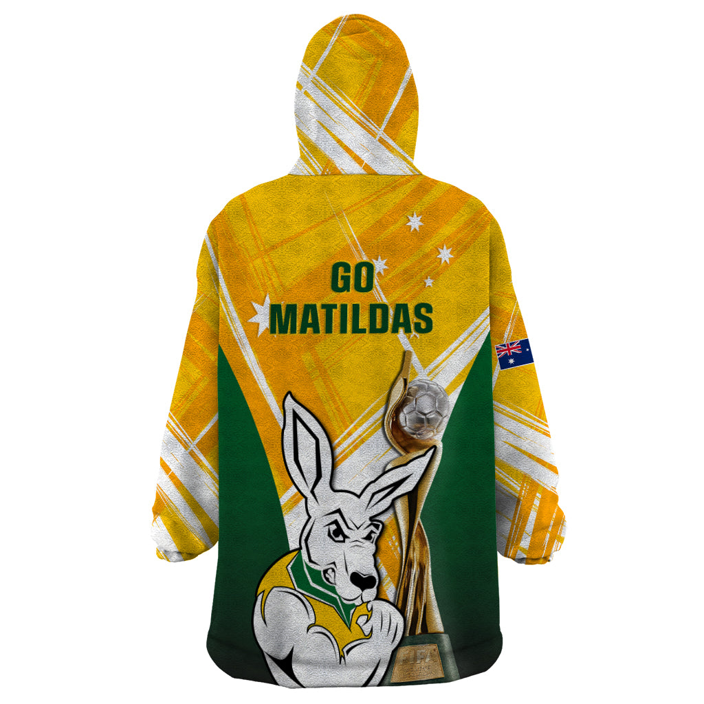 Australia Soccer Wearable Blanket Hoodie Matildas Kangaroo With World Cup Trophy 2023 Yellow Version - Wonder Print Shop