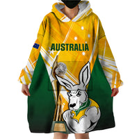 Australia Soccer Wearable Blanket Hoodie Matildas Kangaroo With World Cup Trophy 2023 Yellow Version - Wonder Print Shop
