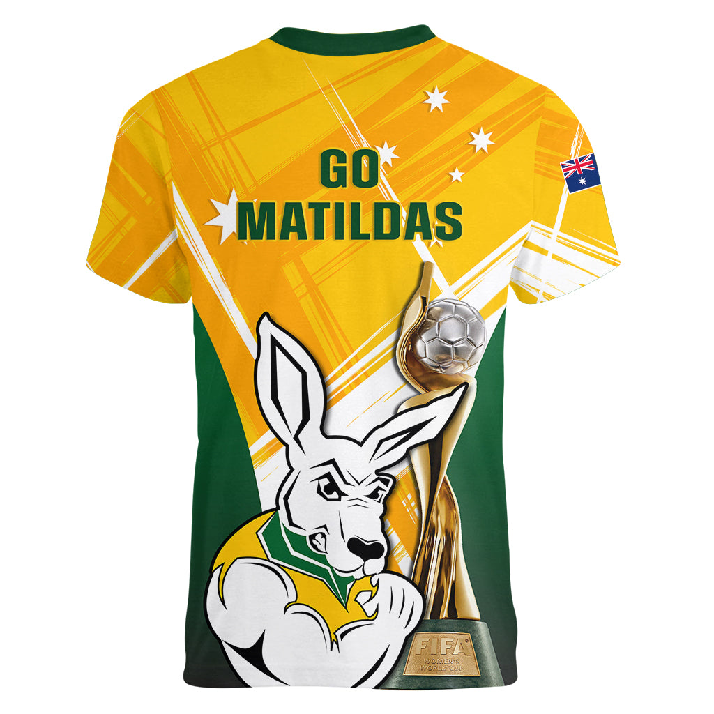 Australia Soccer Women V Neck T Shirt Matildas Kangaroo With World Cup Trophy 2023 Yellow Version - Wonder Print Shop