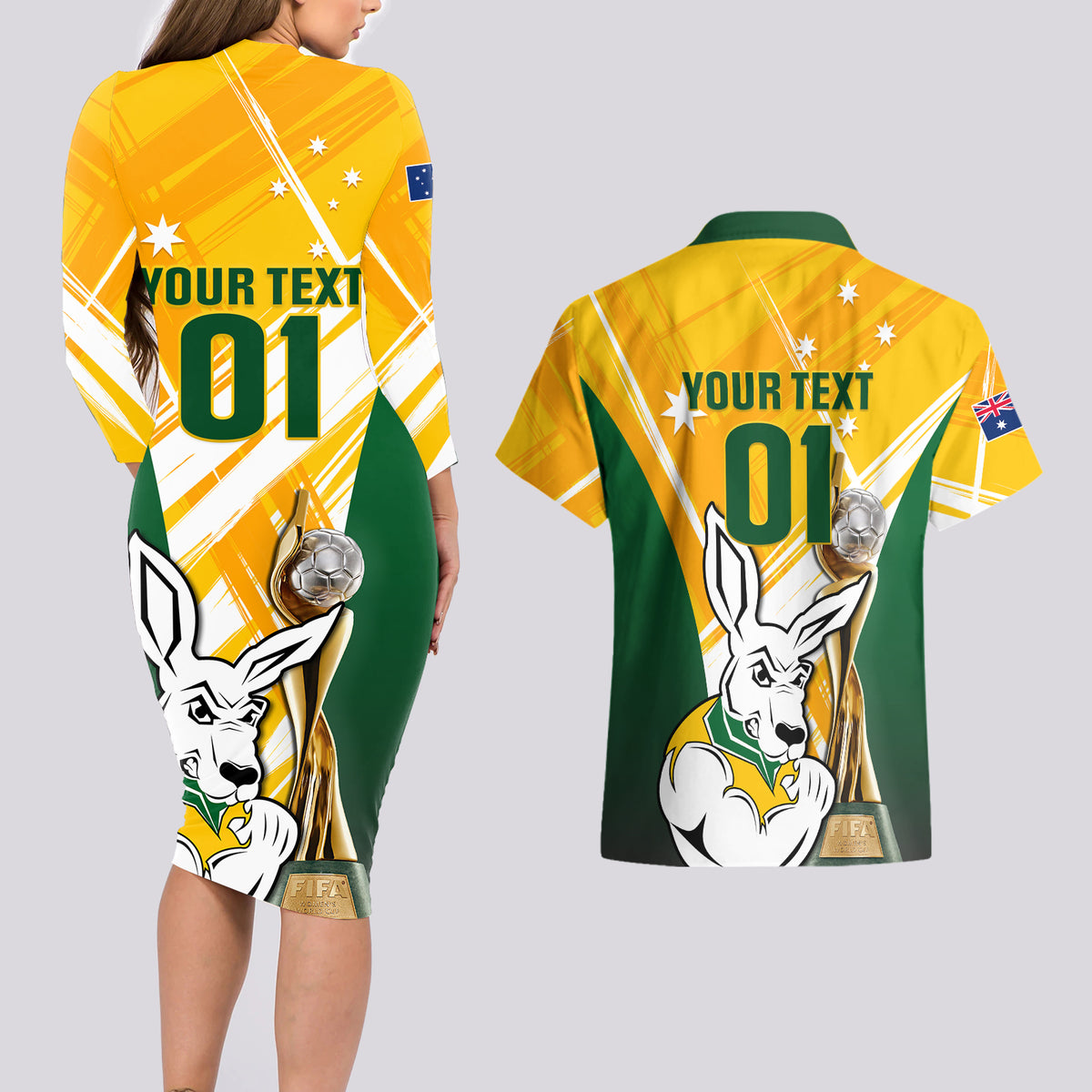Custom Australia Soccer Couples Matching Long Sleeve Bodycon Dress and Hawaiian Shirt Matildas Kangaroo With World Cup Trophy 2023 Yellow Version - Wonder Print Shop