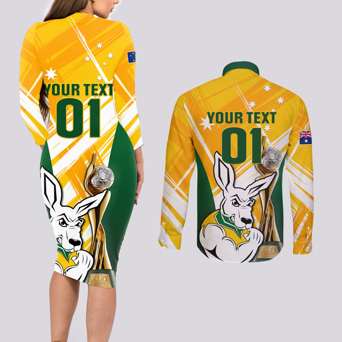 Custom Australia Soccer Couples Matching Long Sleeve Bodycon Dress and Long Sleeve Button Shirts Matildas Kangaroo With World Cup Trophy 2023 Yellow Version - Wonder Print Shop