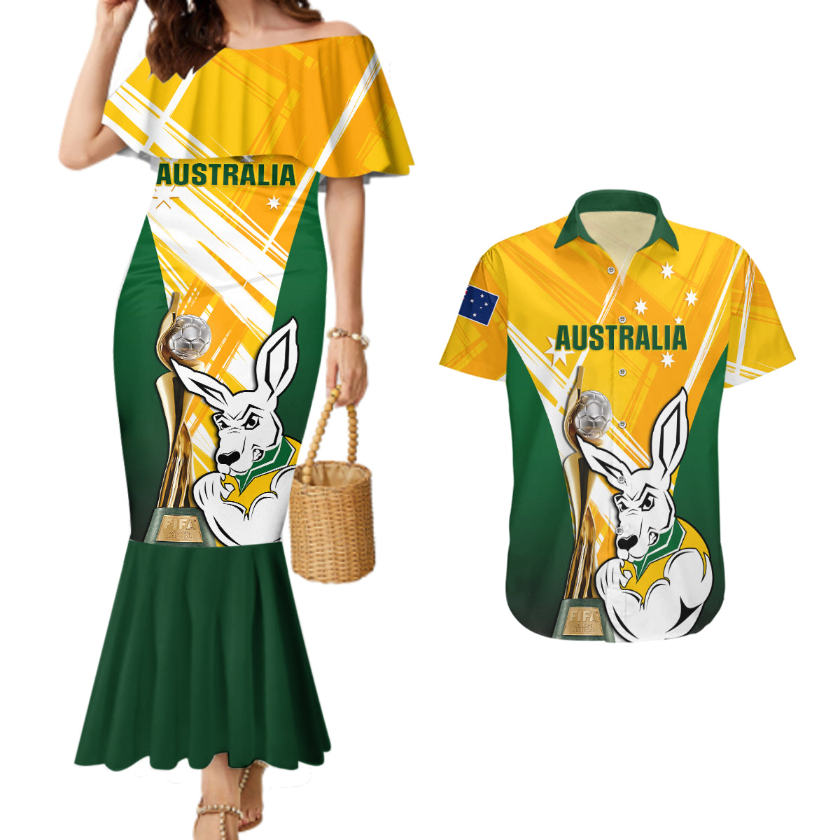 Custom Australia Soccer Couples Matching Mermaid Dress and Hawaiian Shirt Matildas Kangaroo With World Cup Trophy 2023 Yellow Version - Wonder Print Shop