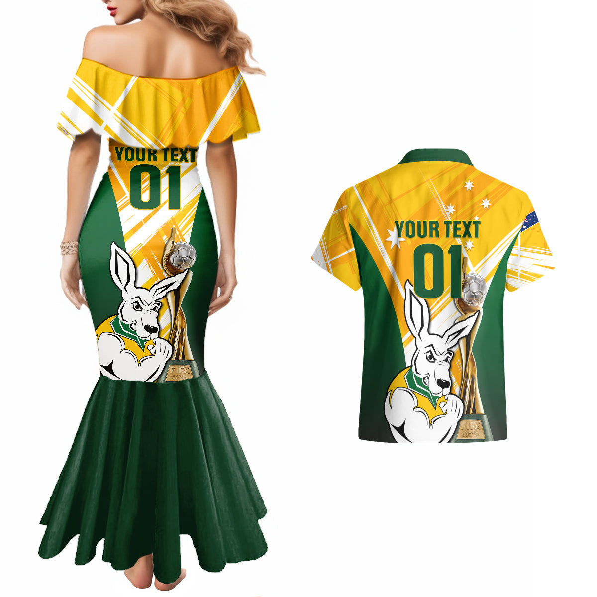 Custom Australia Soccer Couples Matching Mermaid Dress and Hawaiian Shirt Matildas Kangaroo With World Cup Trophy 2023 Yellow Version - Wonder Print Shop