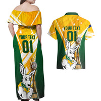 Custom Australia Soccer Couples Matching Off Shoulder Maxi Dress and Hawaiian Shirt Matildas Kangaroo With World Cup Trophy 2023 Yellow Version - Wonder Print Shop