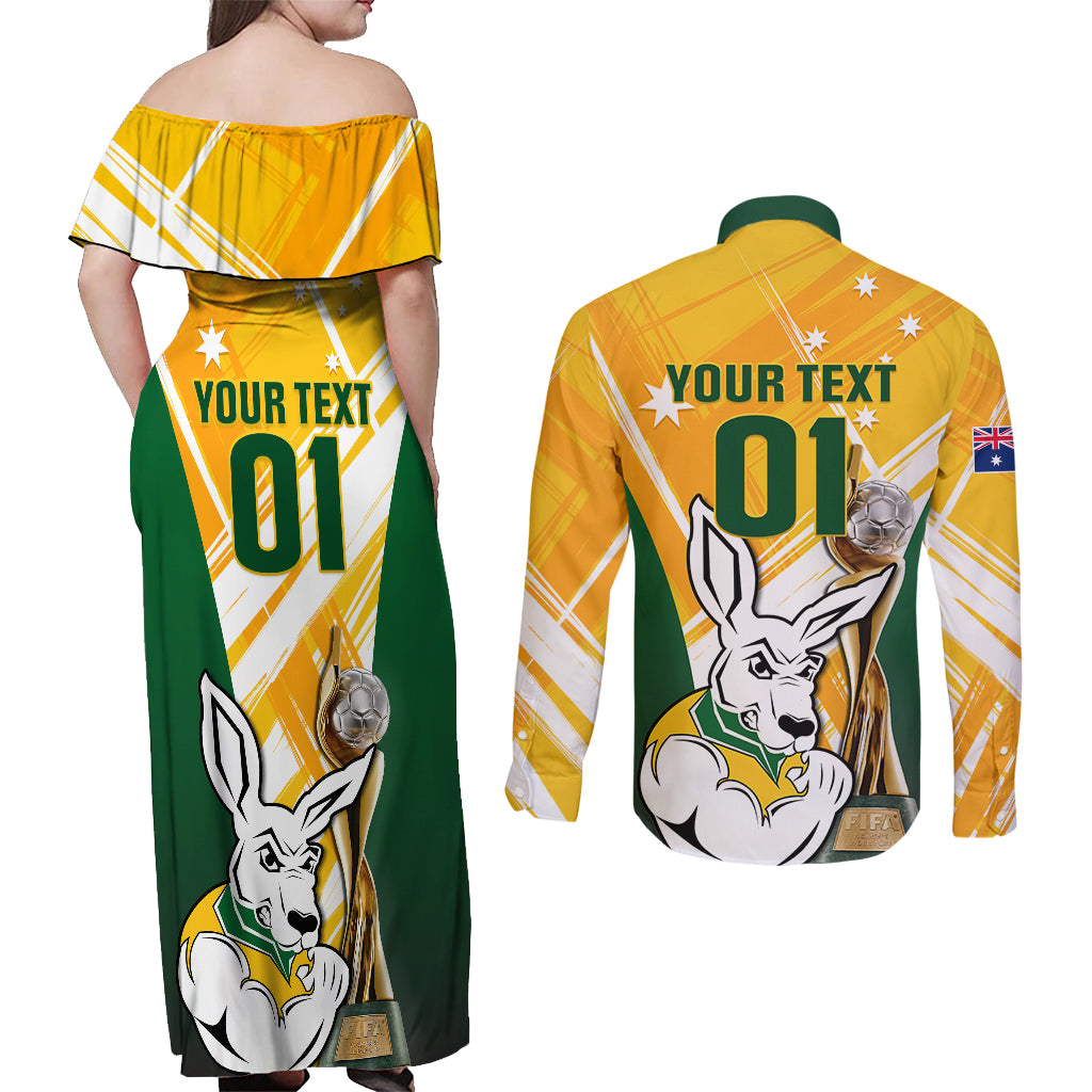 Custom Australia Soccer Couples Matching Off Shoulder Maxi Dress and Long Sleeve Button Shirts Matildas Kangaroo With World Cup Trophy 2023 Yellow Version - Wonder Print Shop