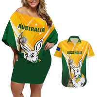 Custom Australia Soccer Couples Matching Off Shoulder Short Dress and Hawaiian Shirt Matildas Kangaroo With World Cup Trophy 2023 Yellow Version - Wonder Print Shop
