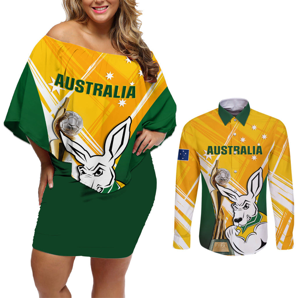 Custom Australia Soccer Couples Matching Off Shoulder Short Dress and Long Sleeve Button Shirts Matildas Kangaroo With World Cup Trophy 2023 Yellow Version - Wonder Print Shop