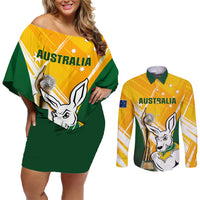 Custom Australia Soccer Couples Matching Off Shoulder Short Dress and Long Sleeve Button Shirts Matildas Kangaroo With World Cup Trophy 2023 Yellow Version - Wonder Print Shop