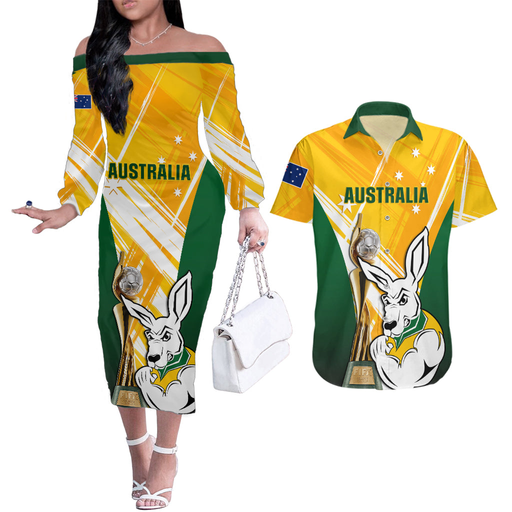 Custom Australia Soccer Couples Matching Off The Shoulder Long Sleeve Dress and Hawaiian Shirt Matildas Kangaroo With World Cup Trophy 2023 Yellow Version - Wonder Print Shop