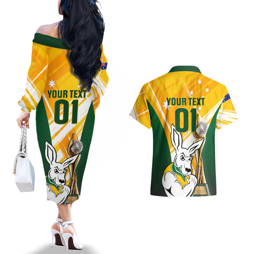 Custom Australia Soccer Couples Matching Off The Shoulder Long Sleeve Dress and Hawaiian Shirt Matildas Kangaroo With World Cup Trophy 2023 Yellow Version - Wonder Print Shop
