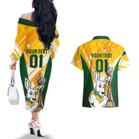 Custom Australia Soccer Couples Matching Off The Shoulder Long Sleeve Dress and Hawaiian Shirt Matildas Kangaroo With World Cup Trophy 2023 Yellow Version - Wonder Print Shop