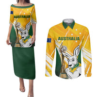 Custom Australia Soccer Couples Matching Puletasi Dress and Long Sleeve Button Shirts Matildas Kangaroo With World Cup Trophy 2023 Yellow Version - Wonder Print Shop