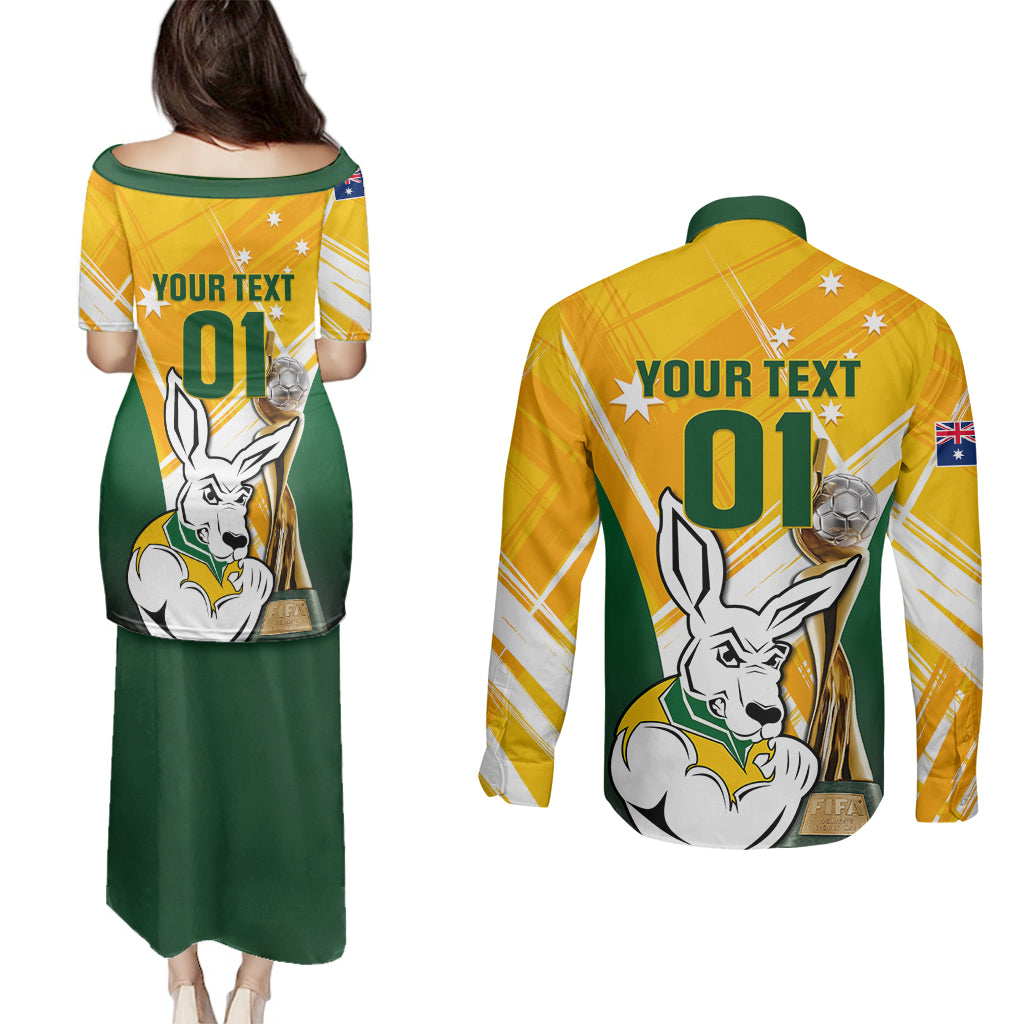 Custom Australia Soccer Couples Matching Puletasi Dress and Long Sleeve Button Shirts Matildas Kangaroo With World Cup Trophy 2023 Yellow Version - Wonder Print Shop