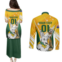 Custom Australia Soccer Couples Matching Puletasi Dress and Long Sleeve Button Shirts Matildas Kangaroo With World Cup Trophy 2023 Yellow Version - Wonder Print Shop