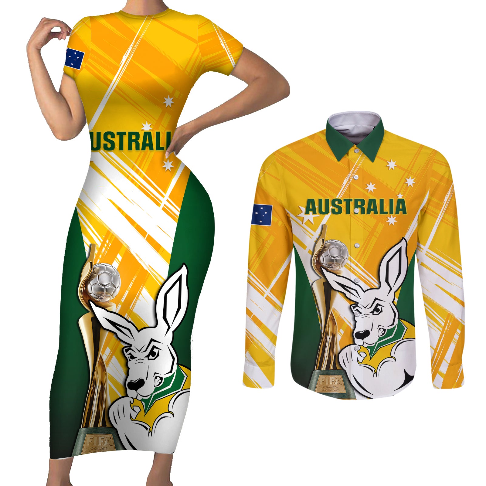Custom Australia Soccer Couples Matching Short Sleeve Bodycon Dress and Long Sleeve Button Shirts Matildas Kangaroo With World Cup Trophy 2023 Yellow Version - Wonder Print Shop