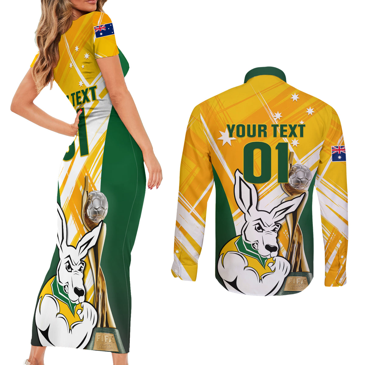 Custom Australia Soccer Couples Matching Short Sleeve Bodycon Dress and Long Sleeve Button Shirts Matildas Kangaroo With World Cup Trophy 2023 Yellow Version - Wonder Print Shop