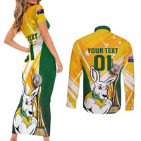 Custom Australia Soccer Couples Matching Short Sleeve Bodycon Dress and Long Sleeve Button Shirts Matildas Kangaroo With World Cup Trophy 2023 Yellow Version - Wonder Print Shop